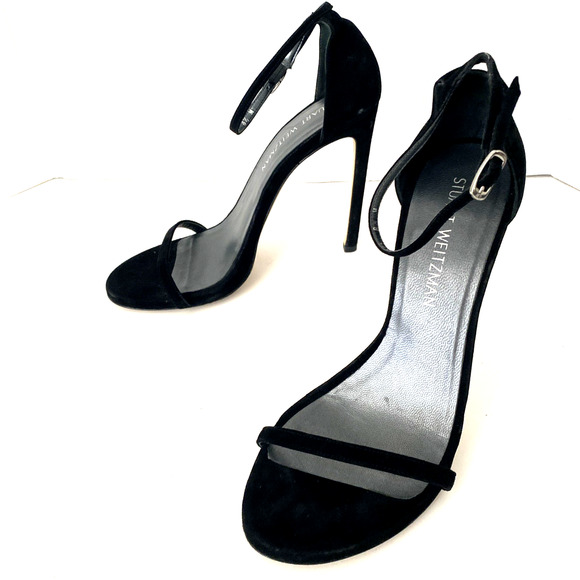 Stuart Weitzman Nudist Nudistsong Black Suede Sandal Open Toe Slim Heel 8.5 - Picture 9 of 15